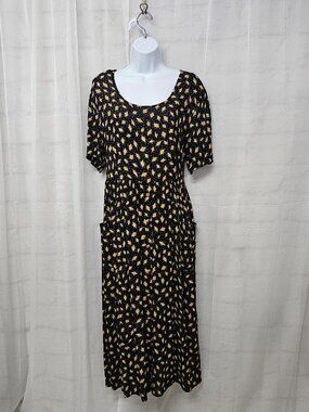 Vintage Sunshine Starshine Dress Midi Black Brown Abstract Casual 12